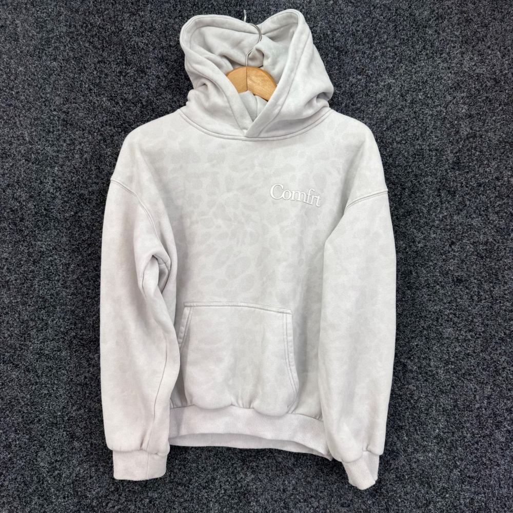Comfrt Tonal Leopard Print Hoodie Light Grey Logo Pullover Sweatshirt Youth XL